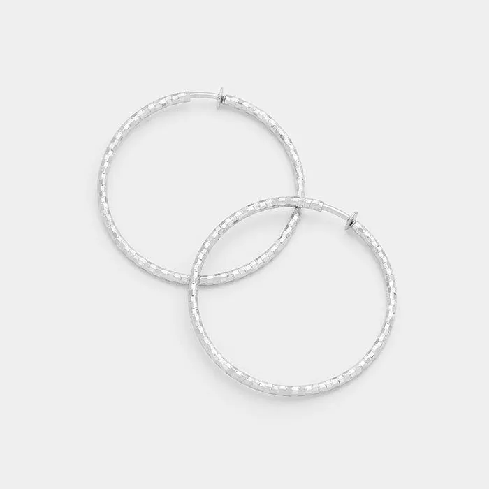 Hypoallergenic Textured Silver Metal Clip Hoop Earrings  | 1.75" | 255895