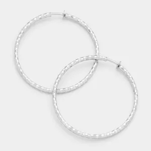 Hypoallergenic Textured Silver Metal Clip Hoop Earrings | 3.25"  | 255899