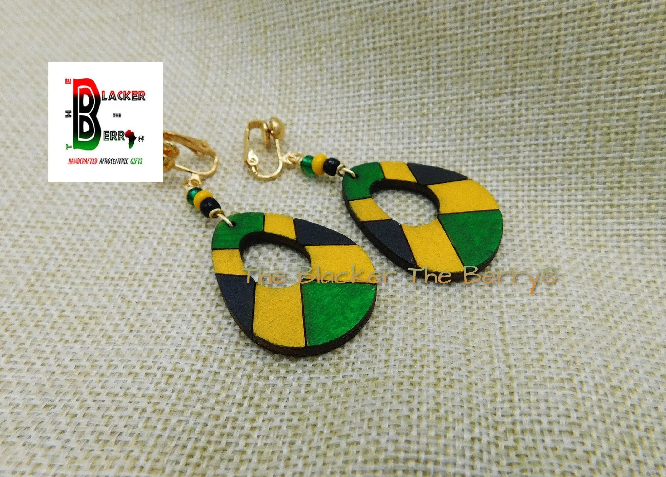 Jamaica Wooden Teardrop Clip On Earrings Green Yellow Black Handmade Hand Painted Jewelry