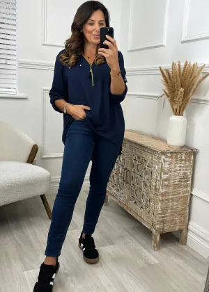 Jocasta Navy Zip Detail Top