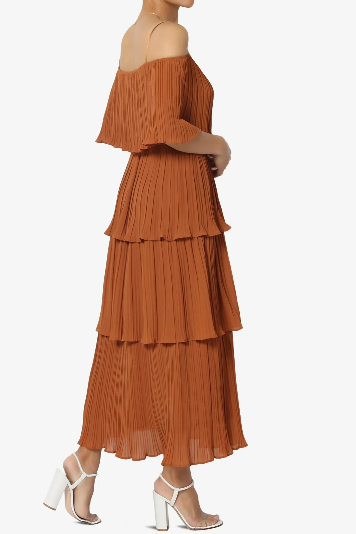 Kye Off Shoulder Tiered Dress in Caramel