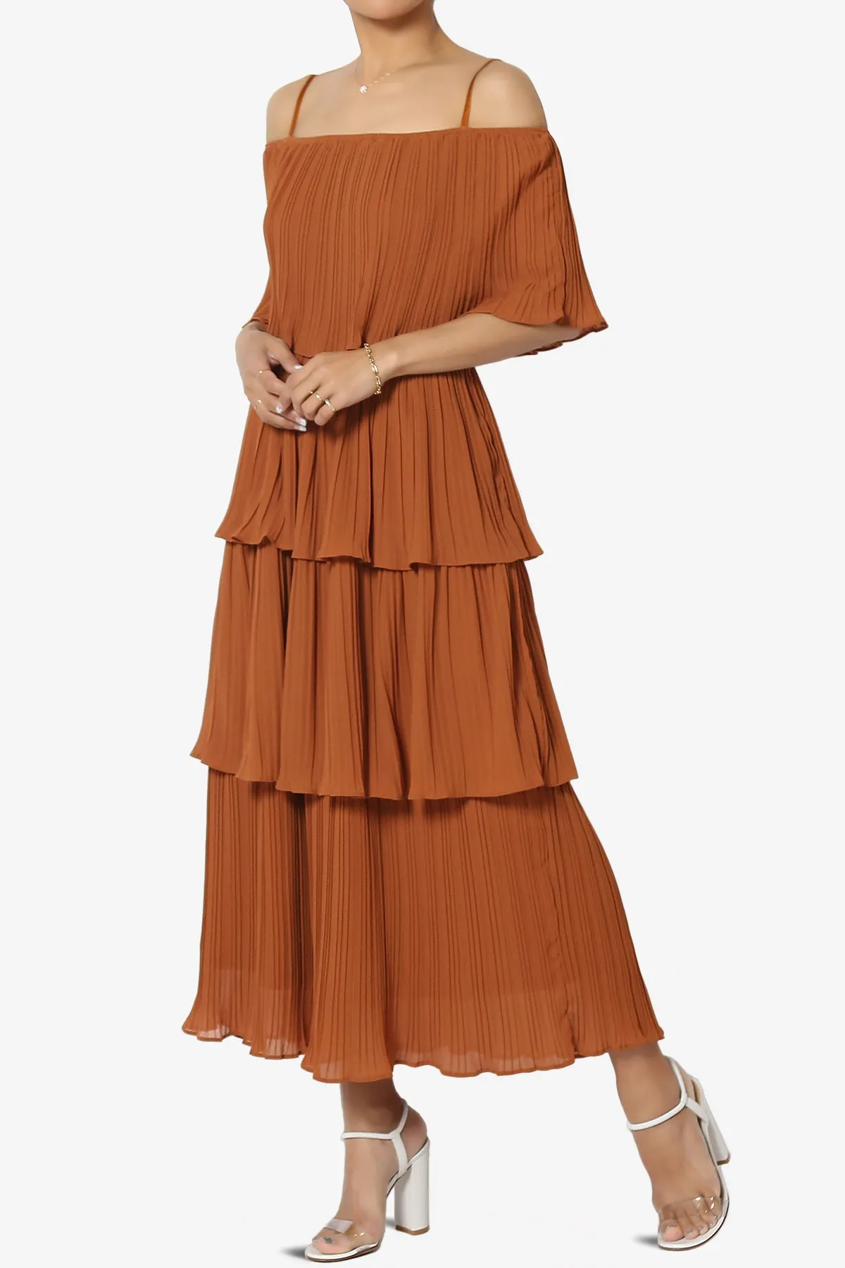 Kye Off Shoulder Tiered Dress in Caramel