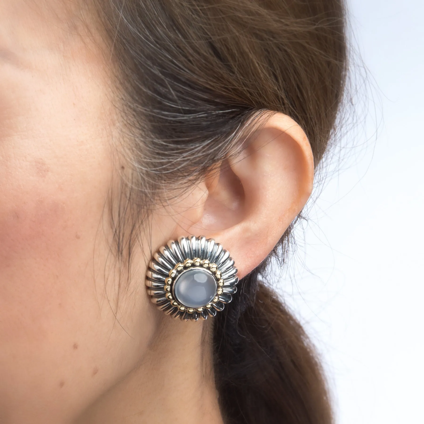 Lagos Caviar Large Round Moonstone Earrings Vintage Sterling Silver 18k Gold
