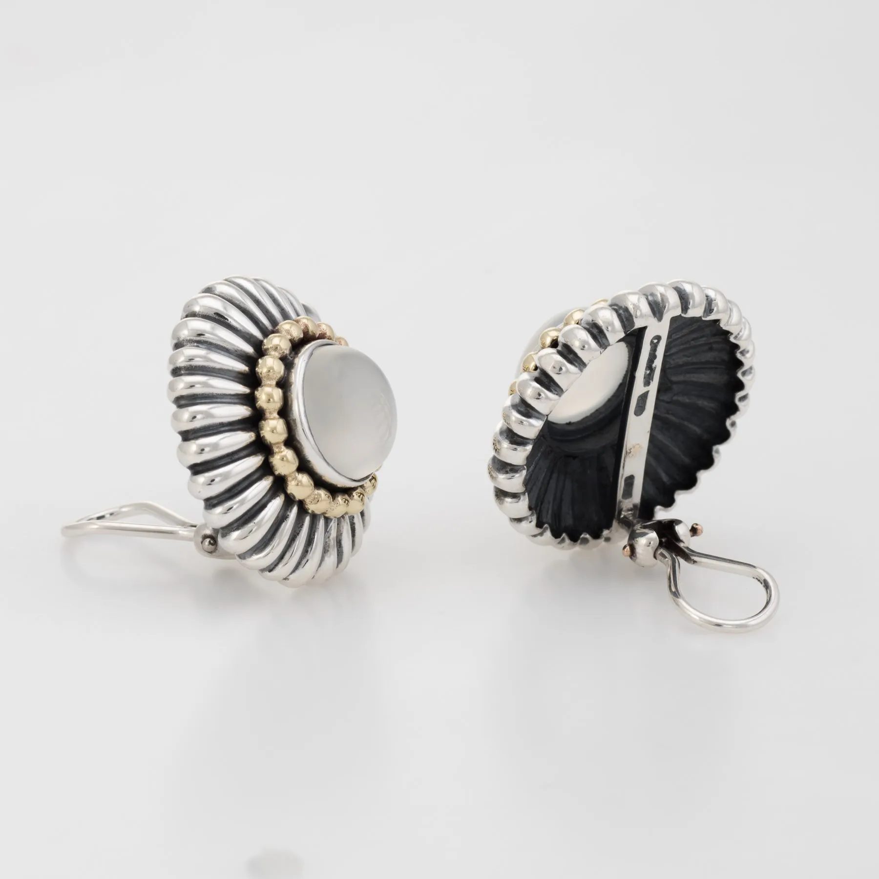 Lagos Caviar Large Round Moonstone Earrings Vintage Sterling Silver 18k Gold