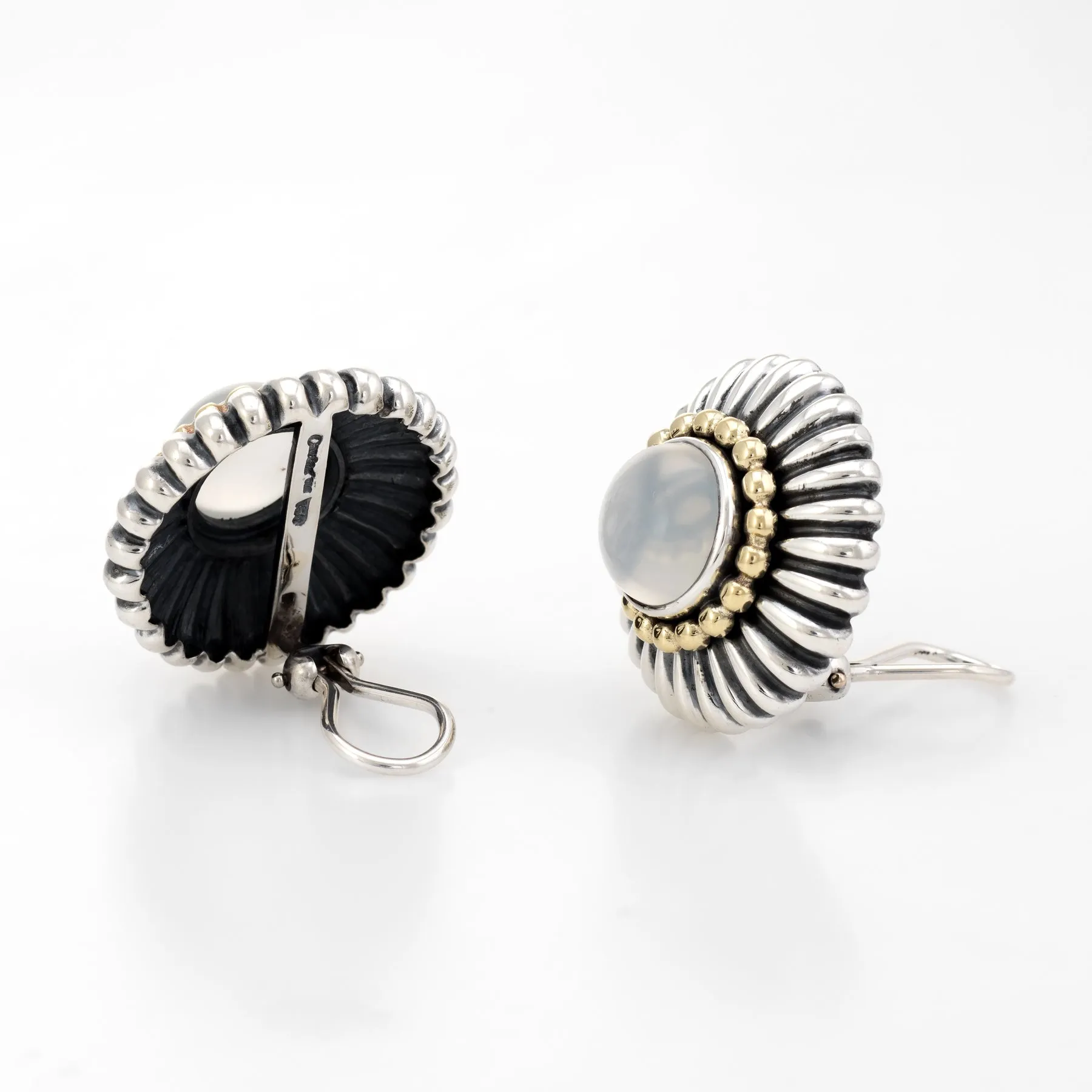 Lagos Caviar Large Round Moonstone Earrings Vintage Sterling Silver 18k Gold