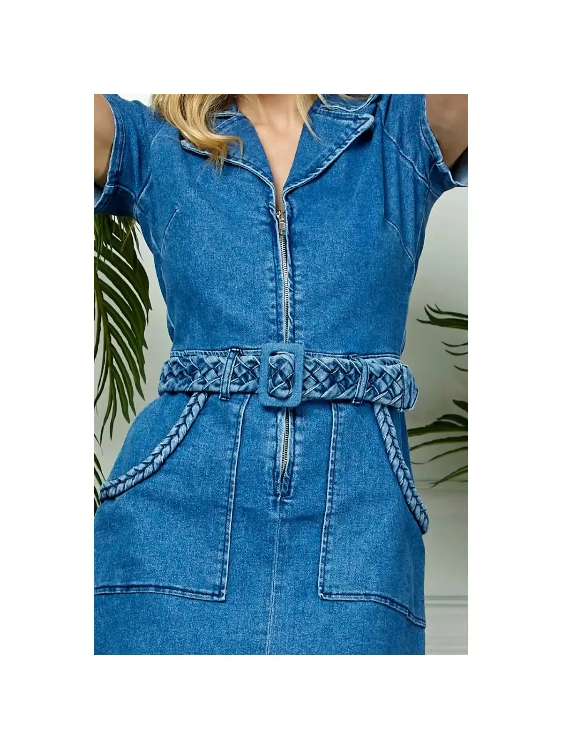 Lapel Braided Belt Denim Mini Dress