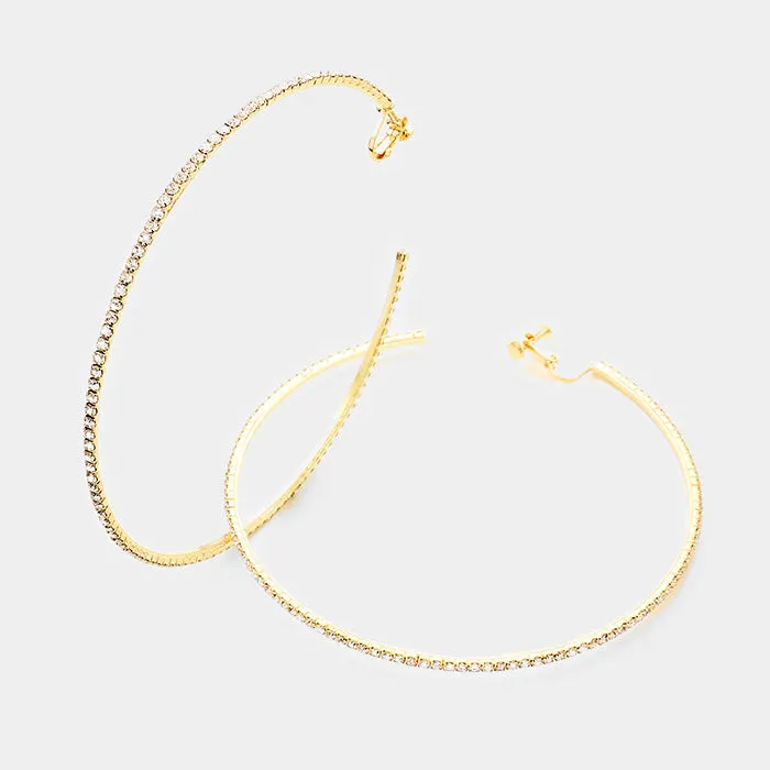 Large Oversized Crystal Clip On Hoop Earrings on Gold | 4" | 378700