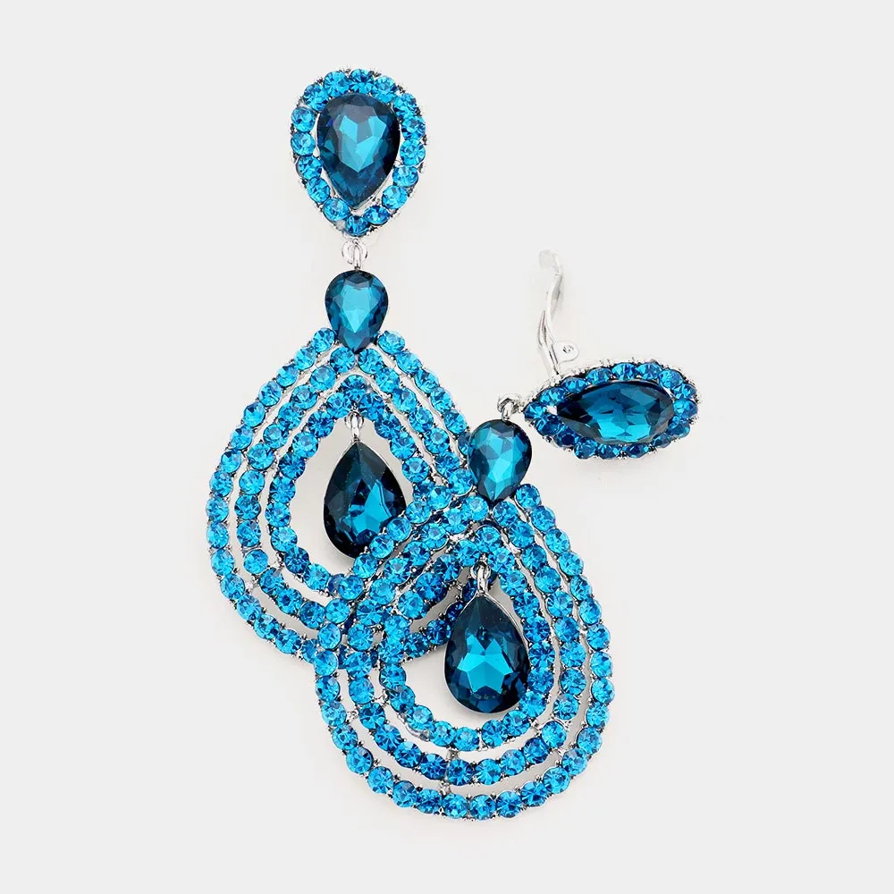 Large Rhinestone Trimmed Teal Crystal Teardrop Clip On Earrings | 427530