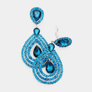 Large Rhinestone Trimmed Teal Crystal Teardrop Clip On Earrings | 427530