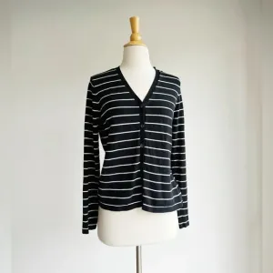 LAUREN RALPH LAUREN | Silk Blend Black and Ivory Striped Cardigan | M