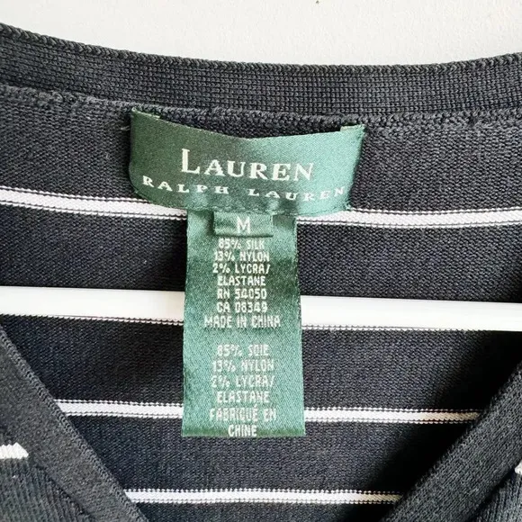 LAUREN RALPH LAUREN | Silk Blend Black and Ivory Striped Cardigan | M
