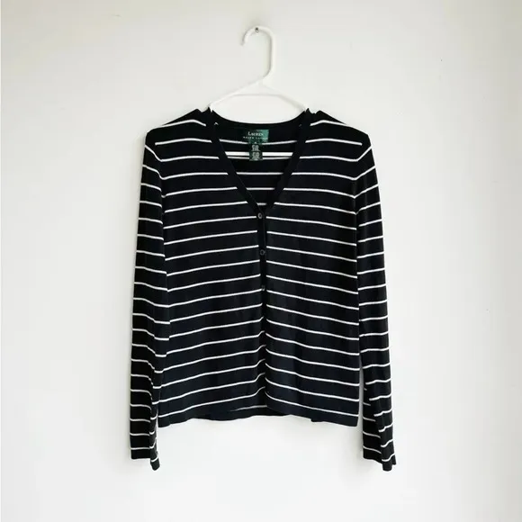 LAUREN RALPH LAUREN | Silk Blend Black and Ivory Striped Cardigan | M