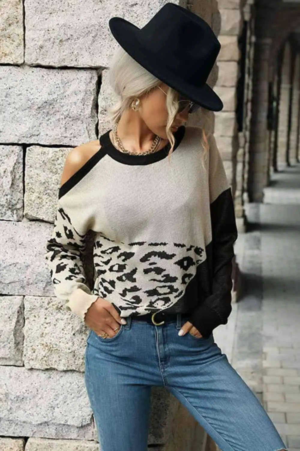 Leopard Print Color Block Cold-Shoulder Sweater