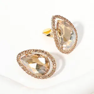 Light Topaz Teardrop Stone with Light Topaz Rhinestone Trim Clip On Pageant Earrings on Gold  | 653260