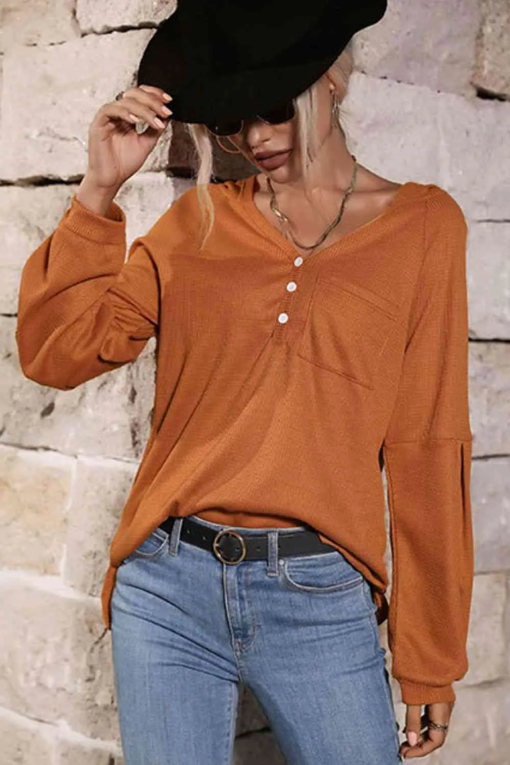 Long Sleeve High-Low Hoodie With Buttons