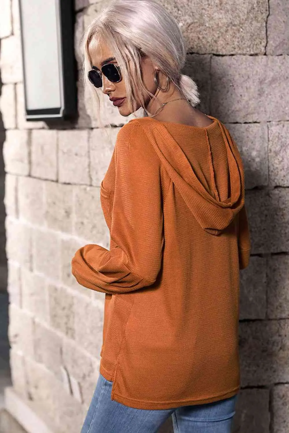 Long Sleeve High-Low Hoodie With Buttons