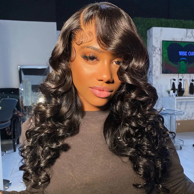 Loose Wave Natural Black 4x4 Lace Glueless Human Hair Wig Middle Part