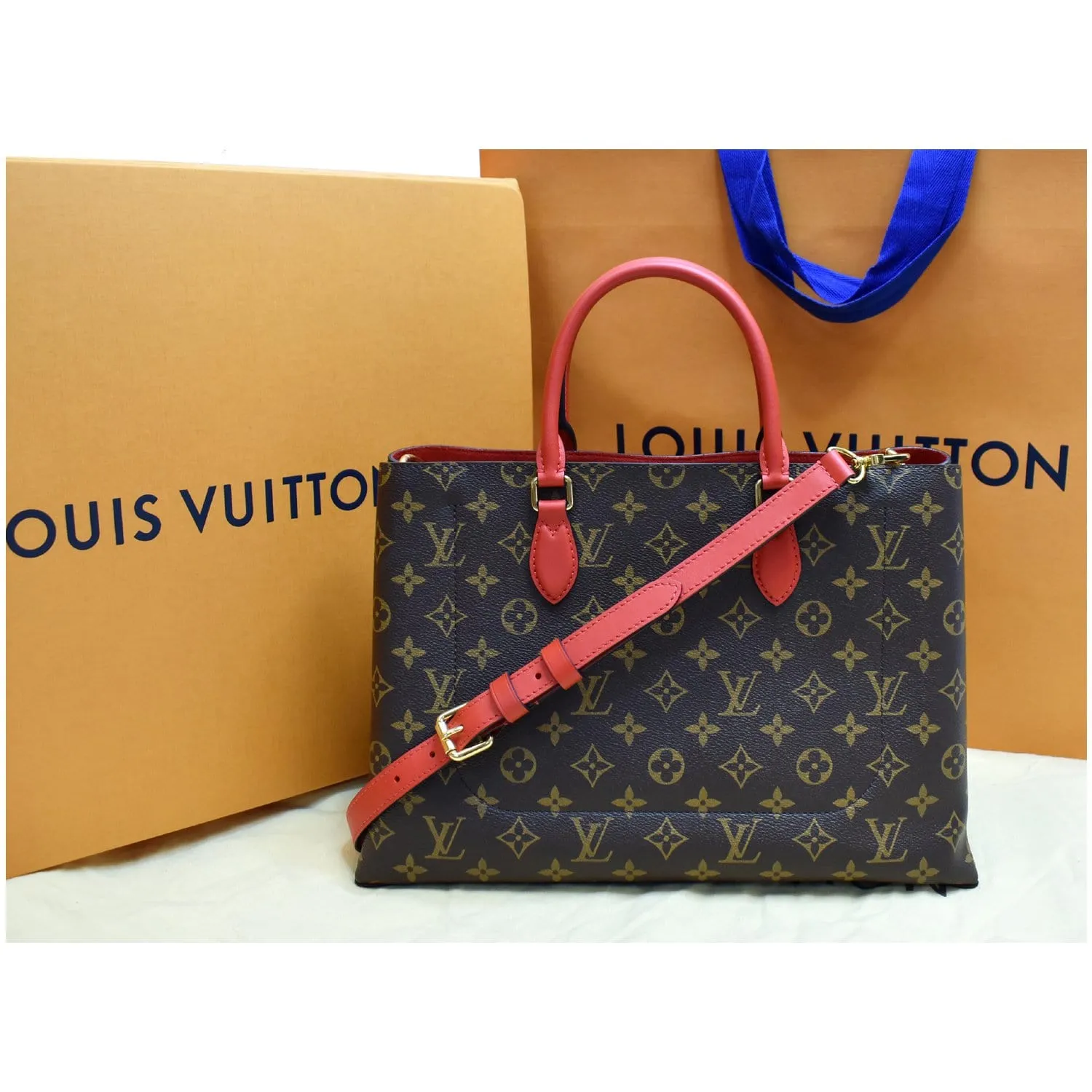 LOUIS VUITTON  Flower Monogram Canvas Tote Shoulder Bag Brown/Red
