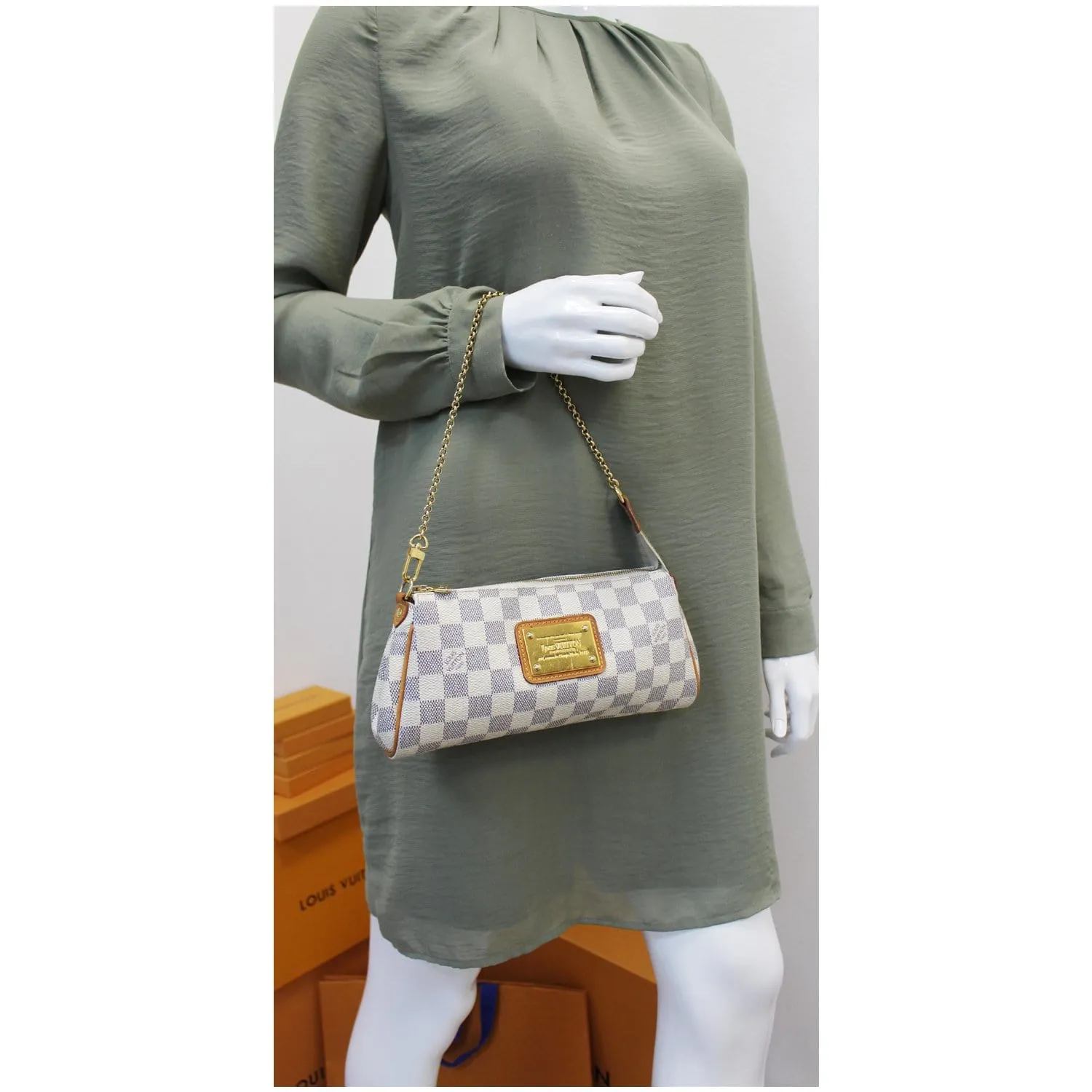 LOUIS VUITTON Pochette Eva Damier Azur Clutch Shoulder Bag White