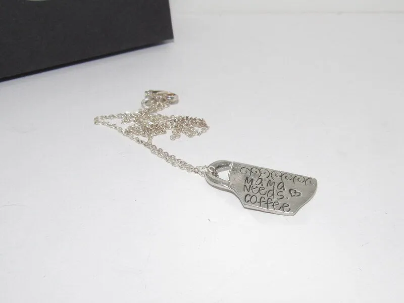 Mama needs coffee hand stamped pewter necklace, personalized coffee lover gift,  custom stamped gift for mom, morning coffee gift