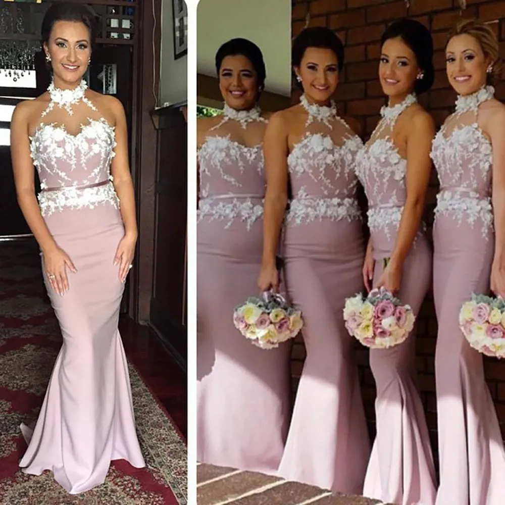 mermaid wedding party dresses long sleeveless lace applique cheap bridesmaid dresses