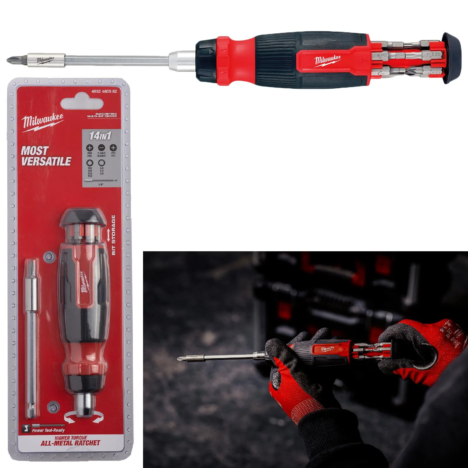 Milwaukee Ratchet Screwdriver Set 14 in 1 Multi Bit Pozi Phillips Torx Slotted Hex