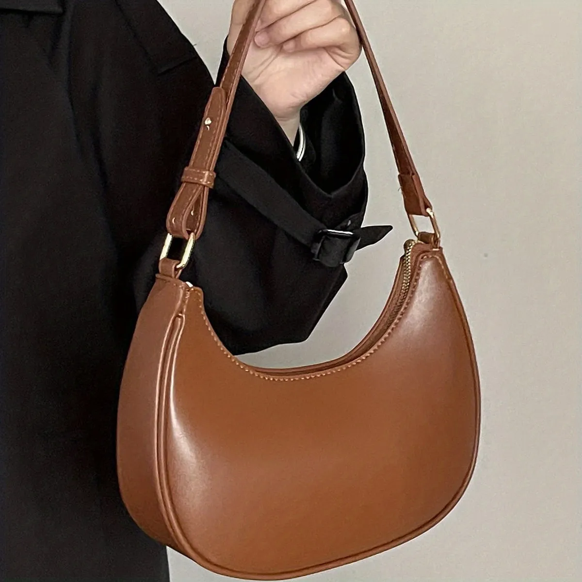 Minimalist Baguette Zipper Bag, Solid Color Underarm Bag, All-Match Shoulder Bag