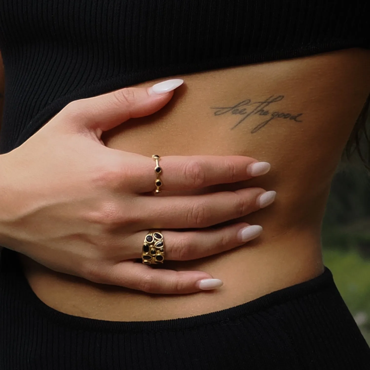 Minimalist Black Onyx Stone & Gold Stackable Ring