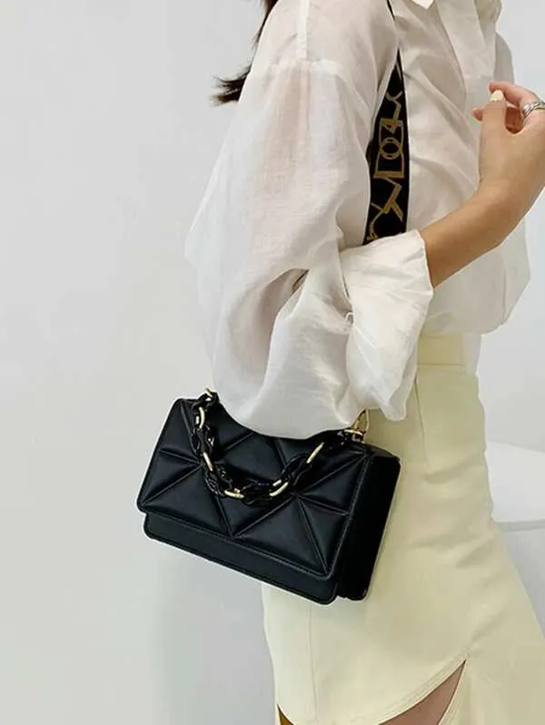 Minimalist Embossed Chain Satchel Bag - Black - FD ⚡