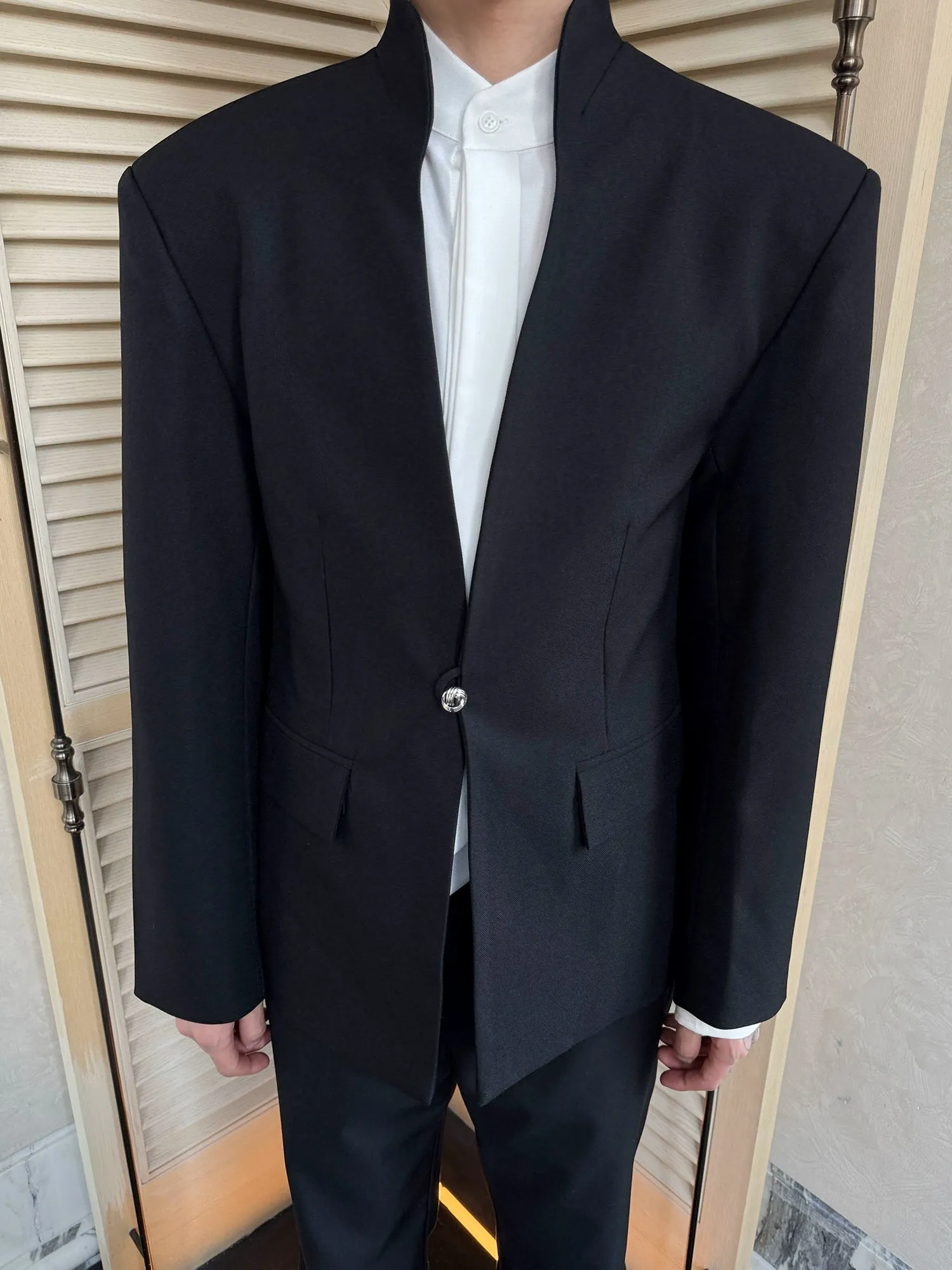 Minimalist One-Button Suit with Shoulder Pads