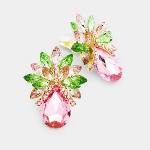 Multi-Color Crystal Petal Teardrop Clip On Pageant Earrings  | Prom Earrings | 285727