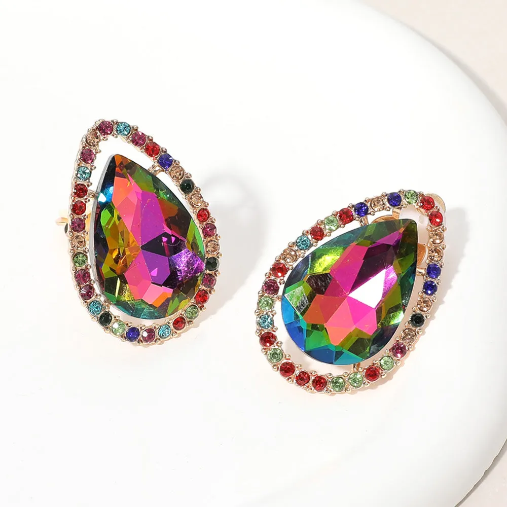 Multi-Color Teardrop Stone with Multi-Color Rhinestone Trim Clip On Pageant Earrings on Gold  | 653264