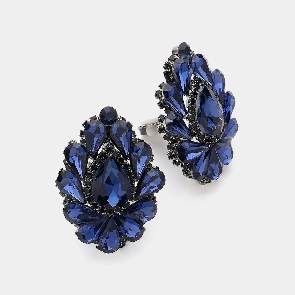 Navy Crystal Cluster Teardrop Clip on Earrings | 631772