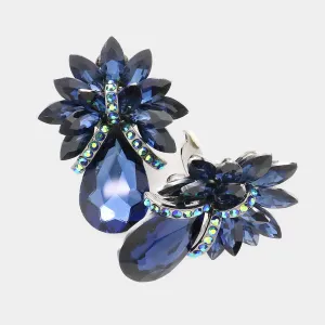 Navy Crystal Petal Teardrop Clip On Pageant Earrings  | Prom Earrings | 300238