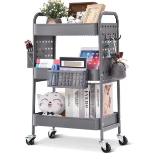 New assembled 3-Tier Rolling cart, KK Kingrack Utility Storage Cart with DIY Dual Pegboards, Art Craft Trolley with Removable Baskets Hooks, Organizer Serving Cart Easy Assemble for Office, Home, Kitchen, Grey