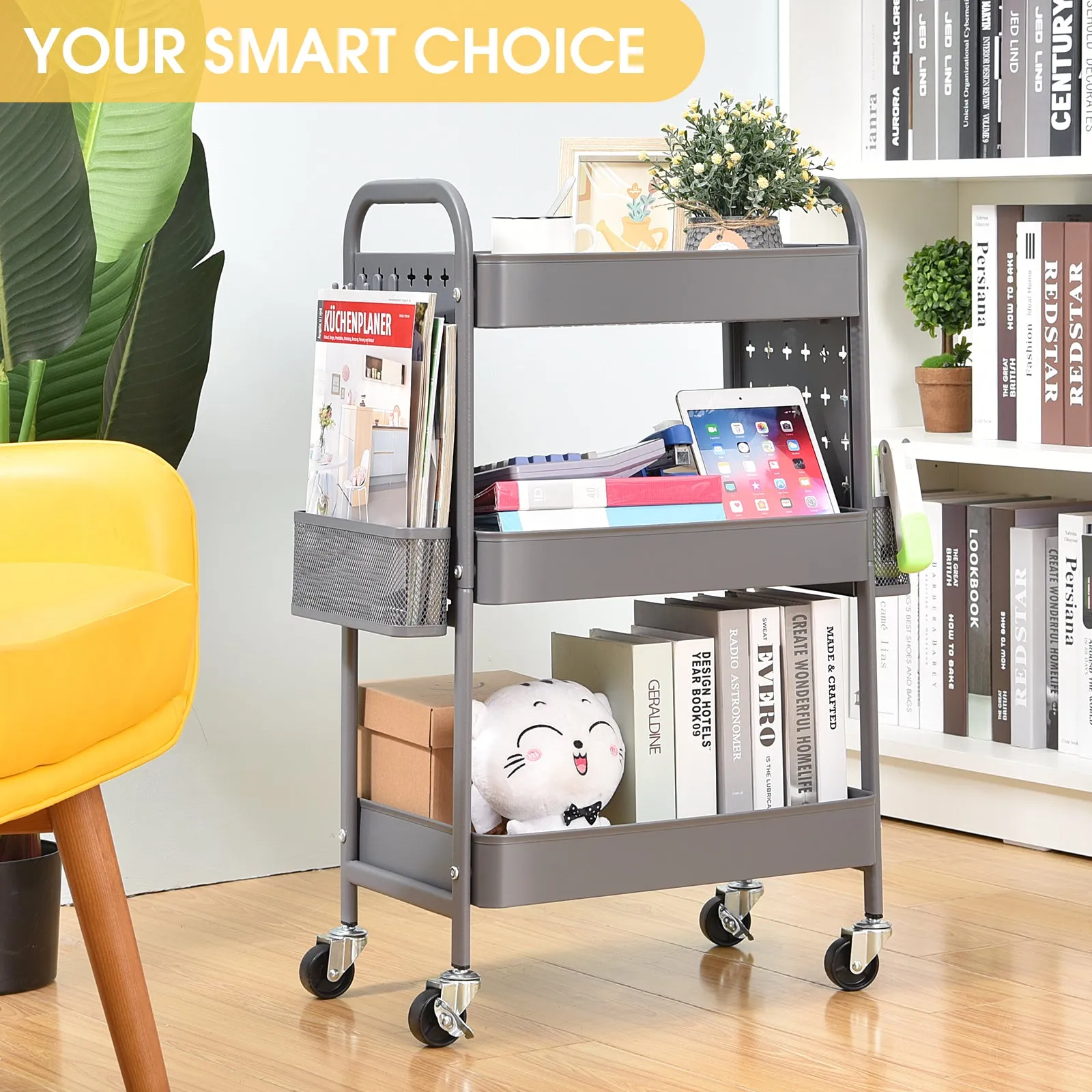 New assembled 3-Tier Rolling cart, KK Kingrack Utility Storage Cart with DIY Dual Pegboards, Art Craft Trolley with Removable Baskets Hooks, Organizer Serving Cart Easy Assemble for Office, Home, Kitchen, Grey