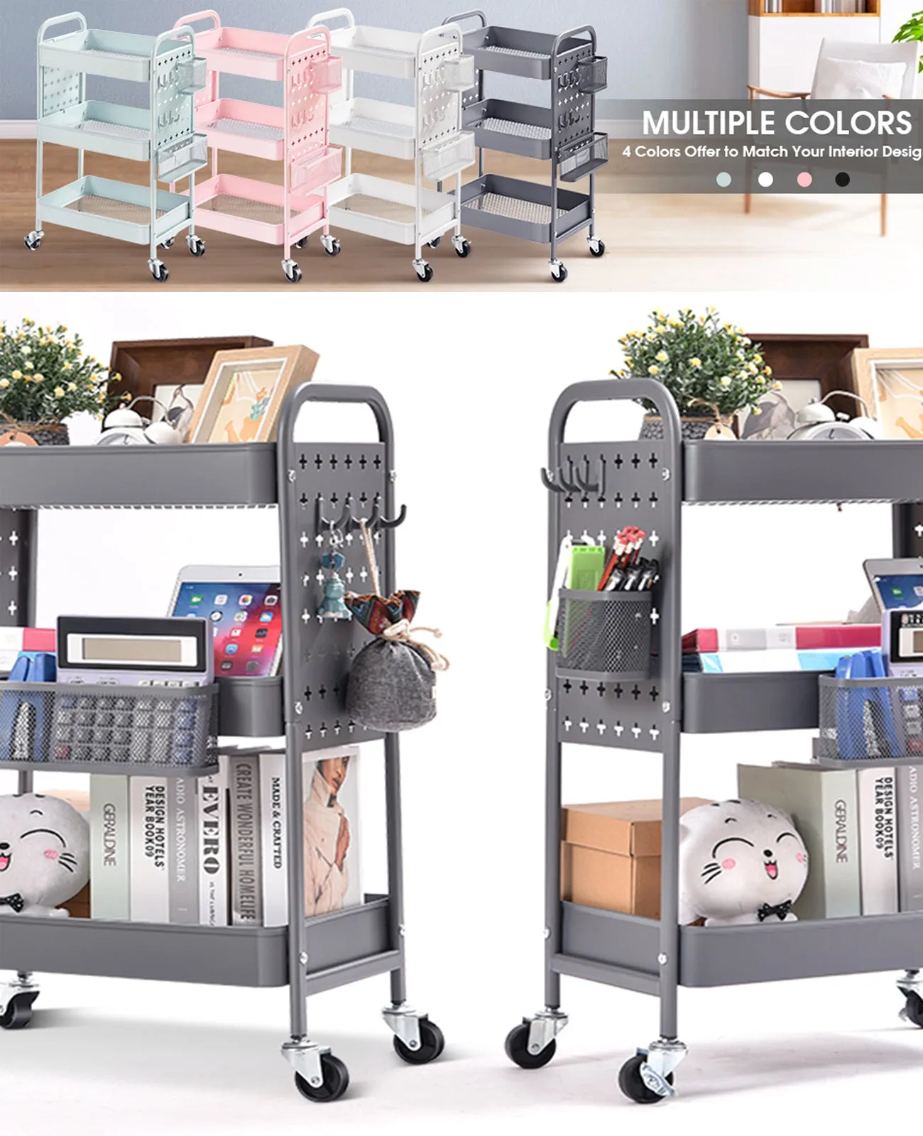 New assembled 3-Tier Rolling cart, KK Kingrack Utility Storage Cart with DIY Dual Pegboards, Art Craft Trolley with Removable Baskets Hooks, Organizer Serving Cart Easy Assemble for Office, Home, Kitchen, Grey