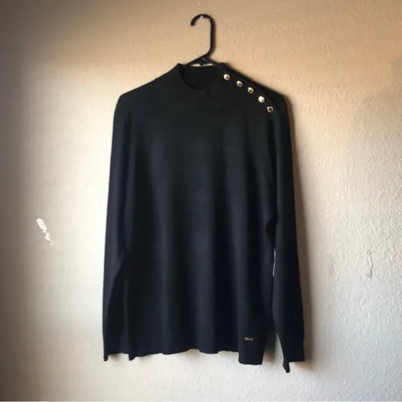 New Calvin Klein Sweater Women’s Large Black Decorative Buttons Casual Sweater