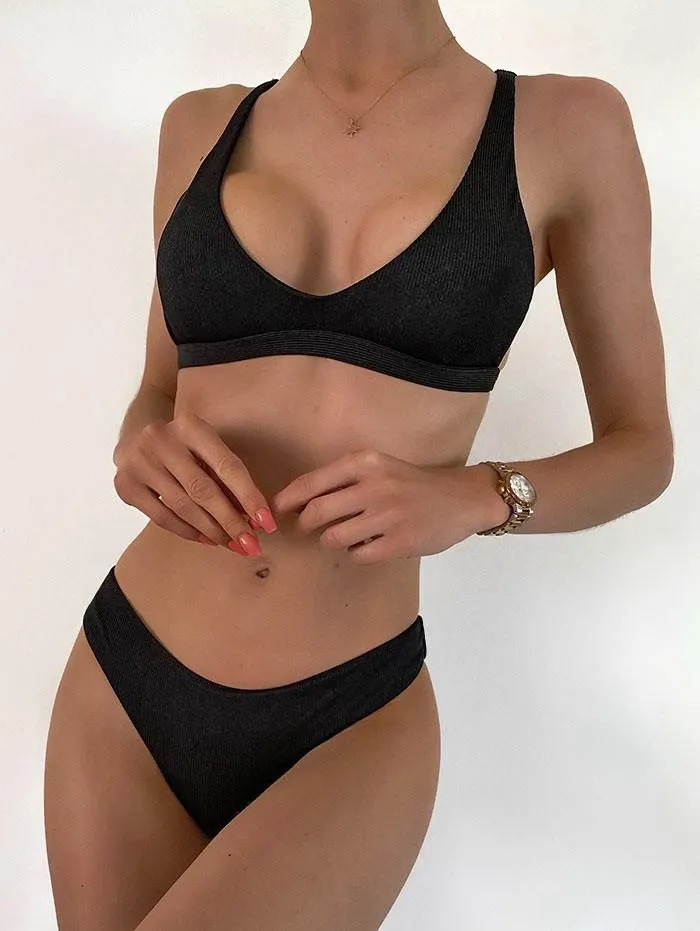 New ZAFUL Ribbed Bikini Swimsuit - Black Sz S!
