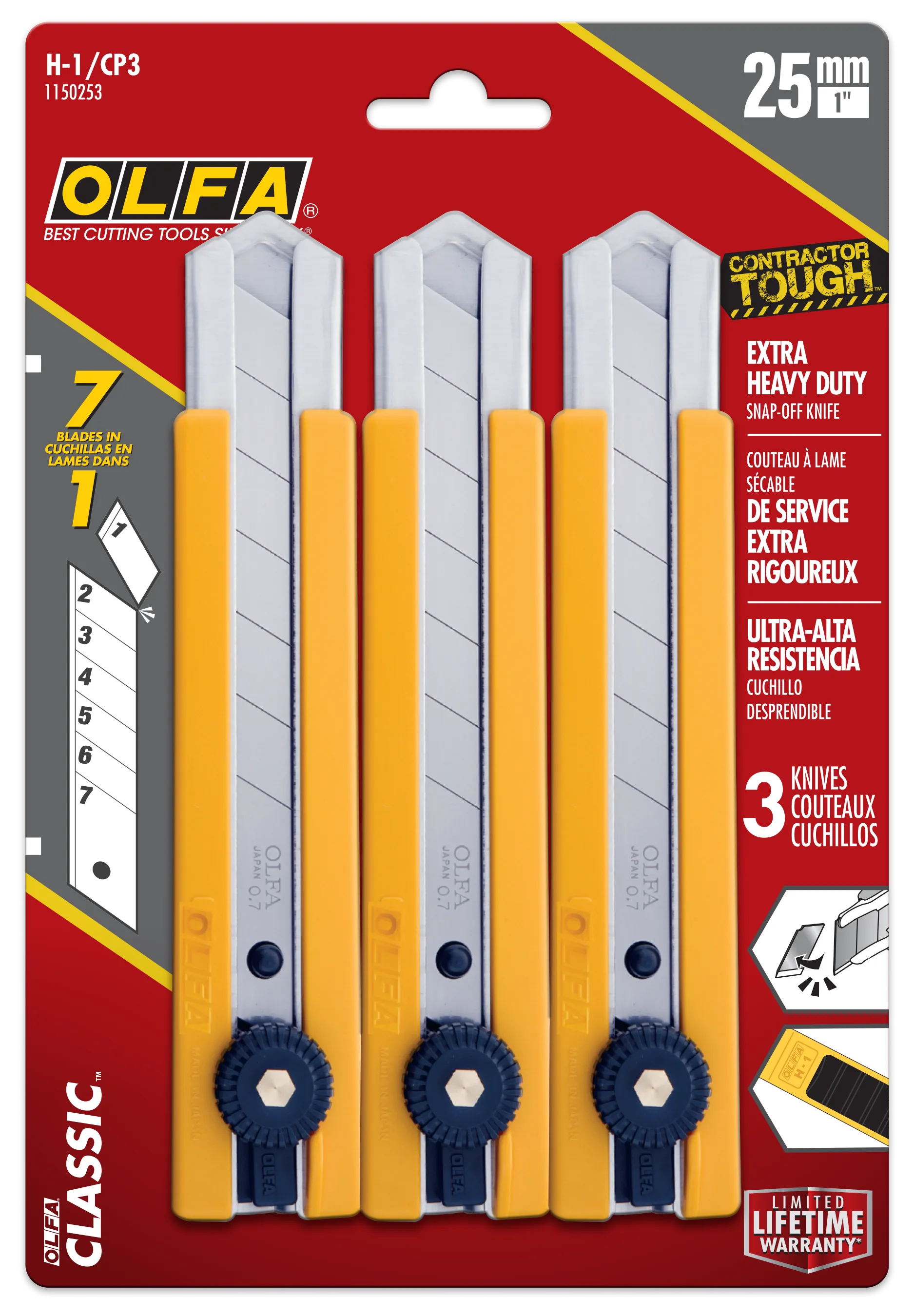 Olfa Classic Extra Heavy-Duty Ratchet-Lock Utility Knife with Anti-Slip Grip: 3 Pack