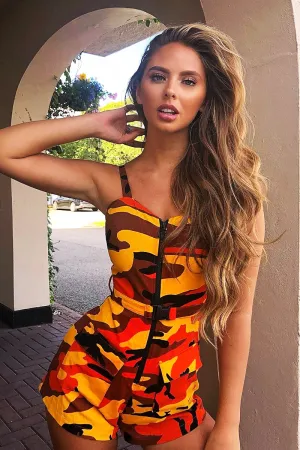 Orange Camo Front Zip Utility Buckle Playsuit - Rosia