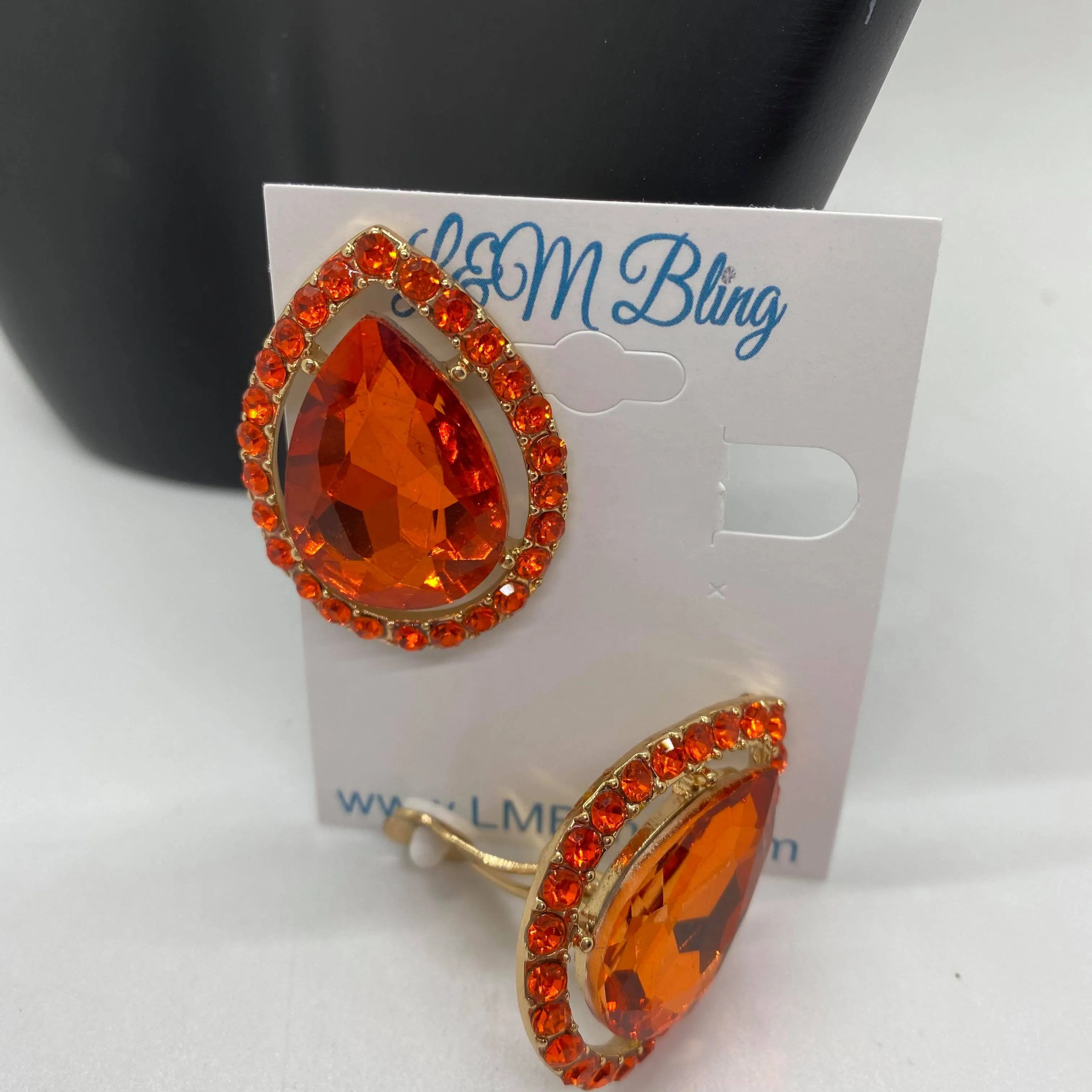 Orange Crystal Large Teardrop Clip On Earrings | CJB015