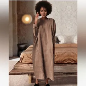 Outfree Wabi- Sabi Long Sleeved Cotton Linen Midi Dress Khaki Size Large