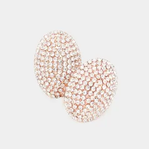 Oval Clear Rhinestone Clip On Stud Earrings on Rose Gold| 602956