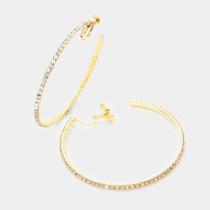 Oversized Clip On Crystal Rhinestone Hoop Earrings on Gold  | 3.25" | 378697