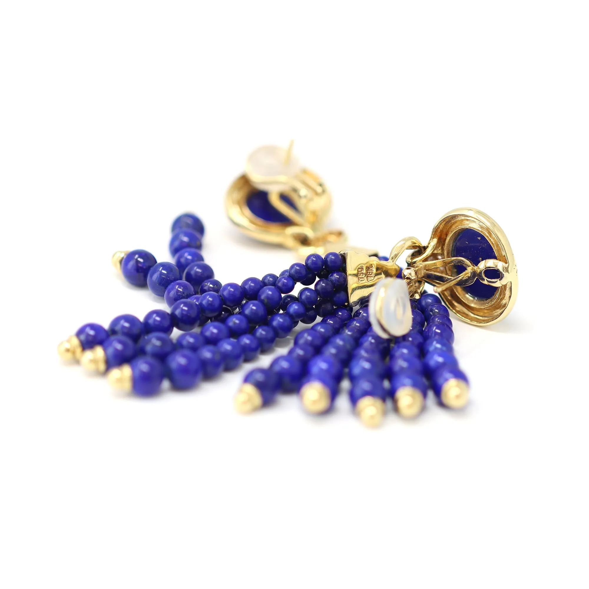 Pair of 1970s 18-Karat Yellow Gold Lapis Lazuli Tassel Bead Ear-Clips