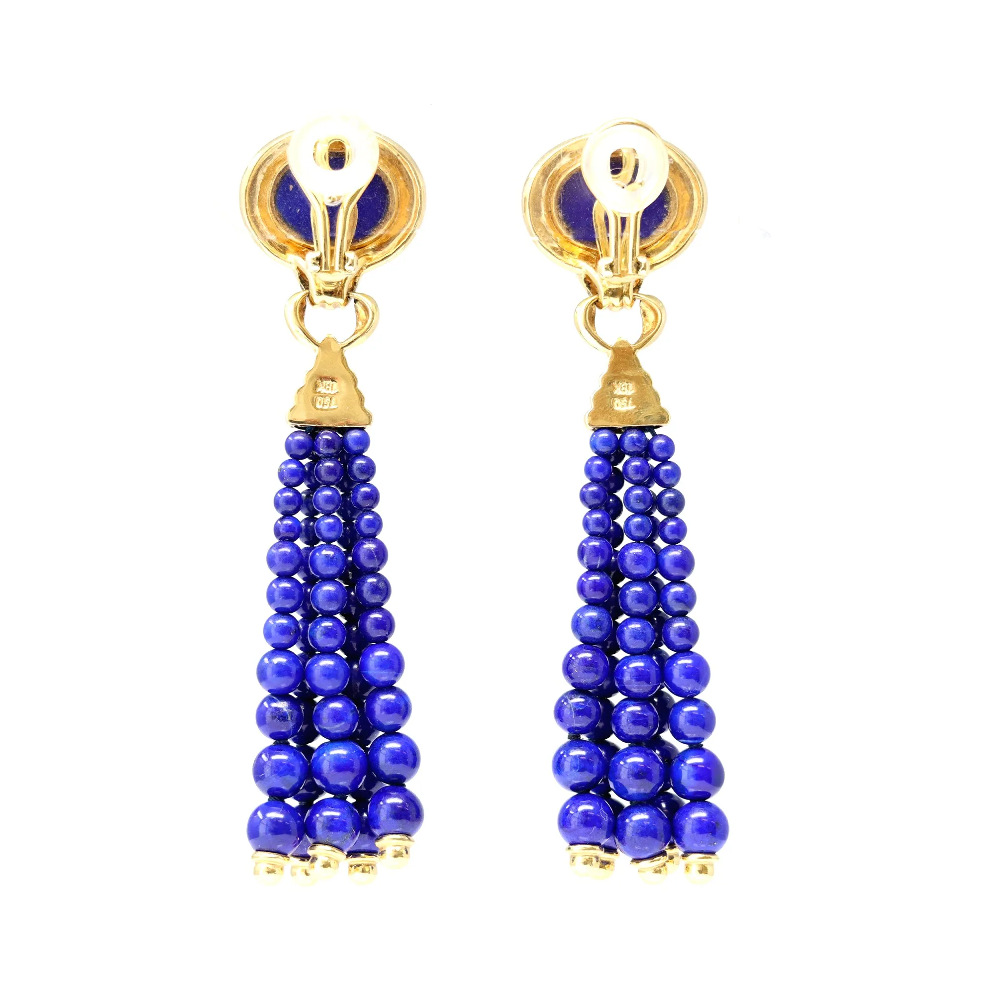 Pair of 1970s 18-Karat Yellow Gold Lapis Lazuli Tassel Bead Ear-Clips