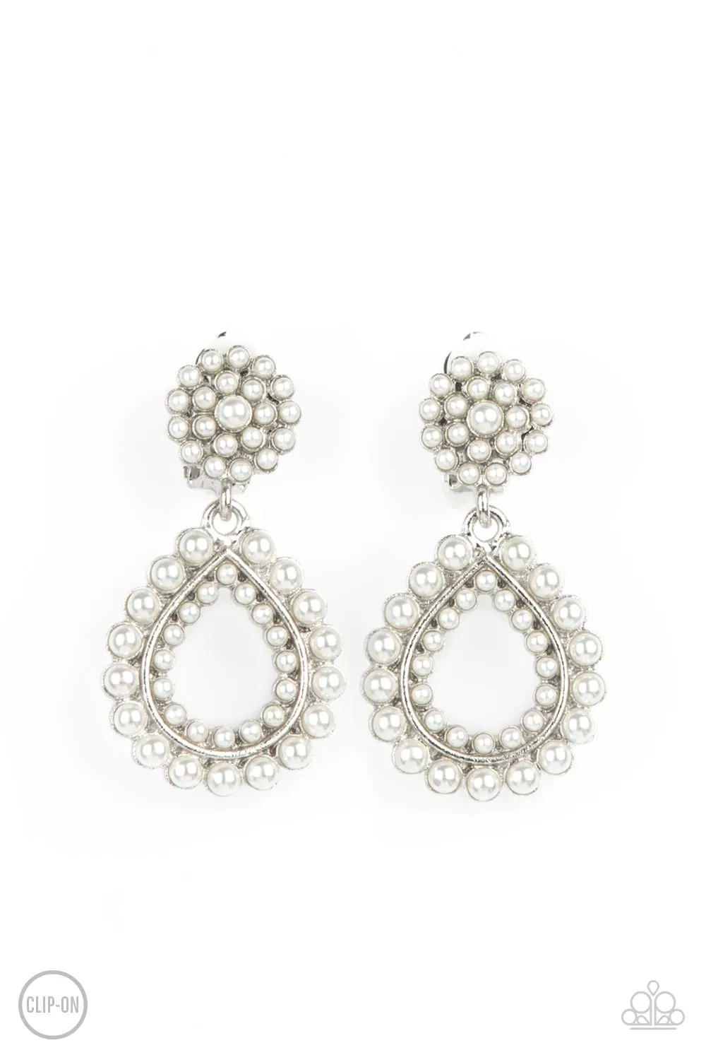 Paparazzi  - Discerning Droplets - White Pearl Clip-On Earrings
