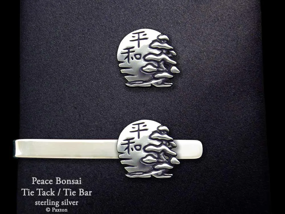 Peace Bonsai Tie Tack or Tie Bar / Tie Clip Sterling Silver with Japanese Kanji and Rising Sun