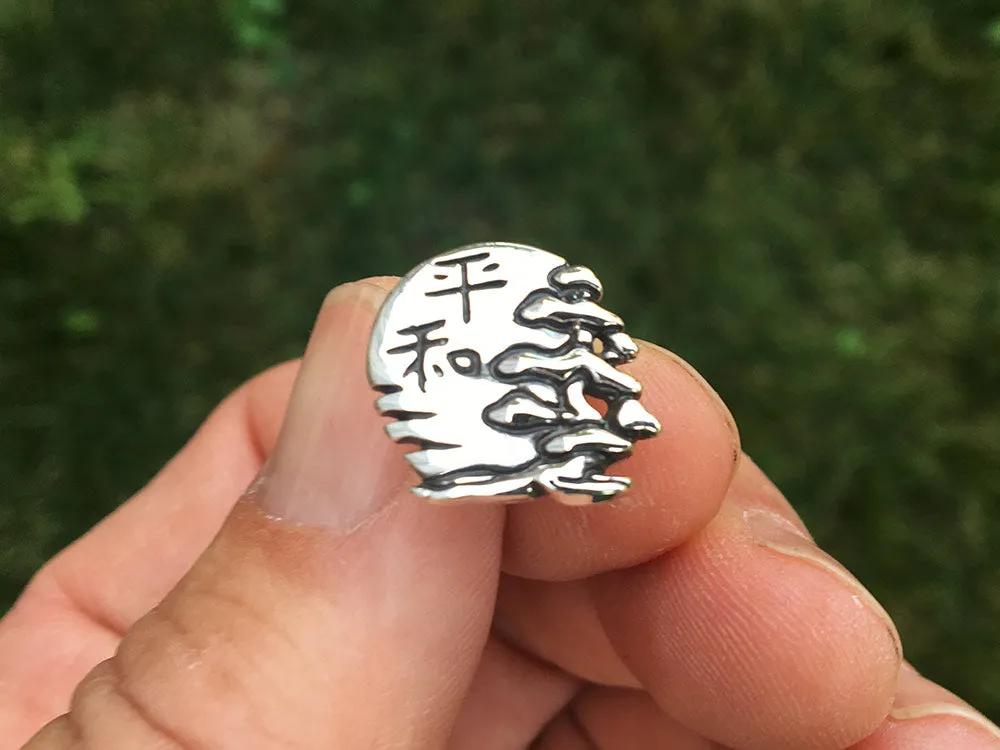 Peace Bonsai Tie Tack or Tie Bar / Tie Clip Sterling Silver with Japanese Kanji and Rising Sun